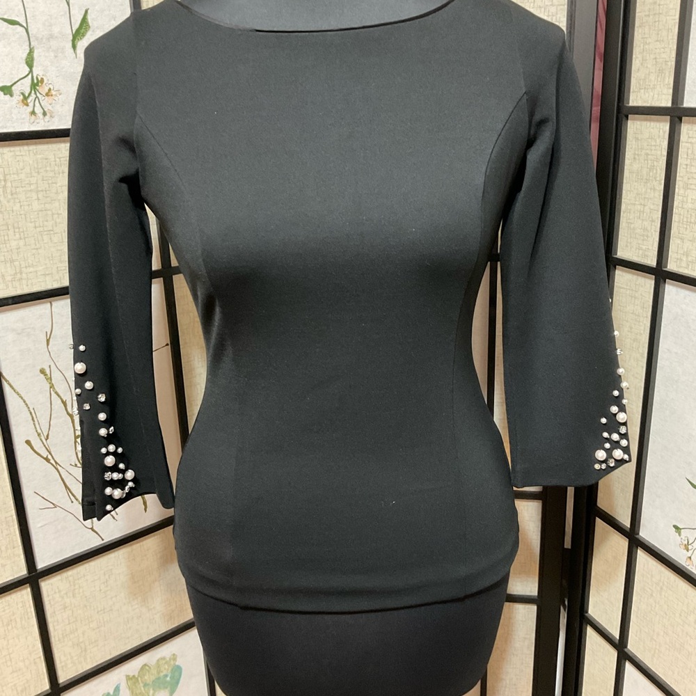 White House Black Market Top with Pearl & Rhinestone Embellishment